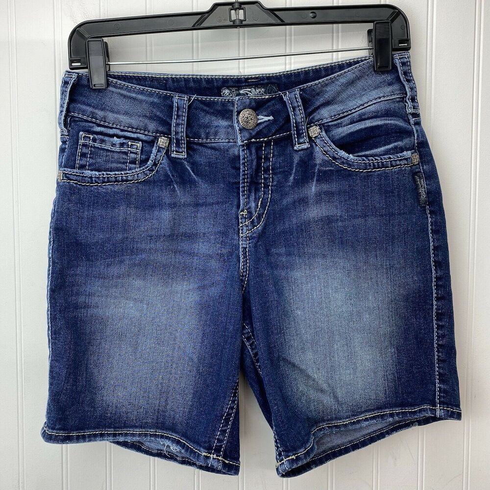 Silver Suki Mid Shorts 27 Stretch Denim Jean Blue Dark Wash Distressed